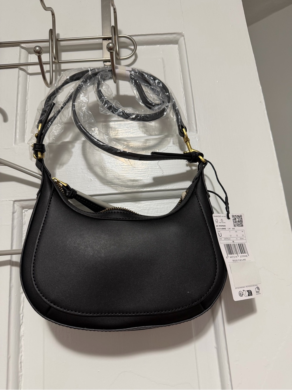 Mango Black Crescent Shoulder Bag with Gold Hardware